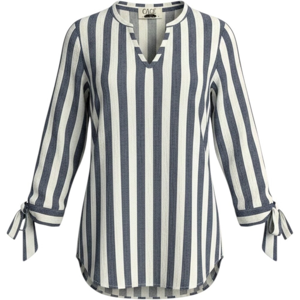 C A G E Navy & White Striped V-Neck Tie-Sleeve Women's Top